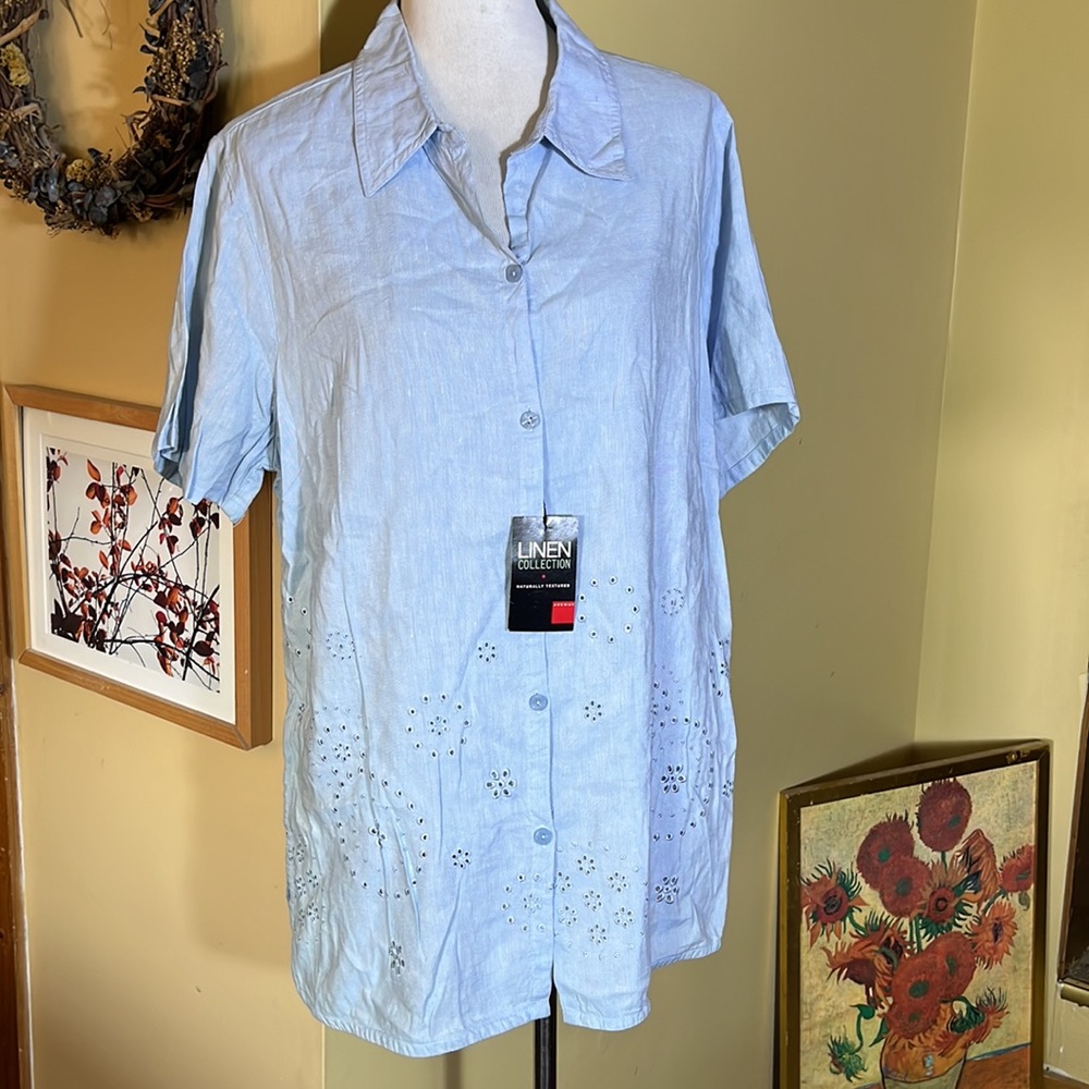 AVENUE Size 14/16 Eyelet CutOut Embroidered Button-front Linen Top  $69 NEW